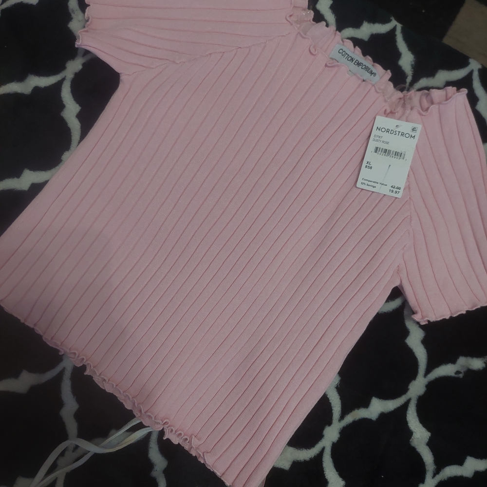 NWT Cotton Emporium Light Pink Ribbed Knit short-sleeve Top XL